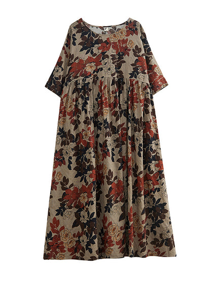 Loose Puff Sleeves Printed Round-neck Midi Dresses