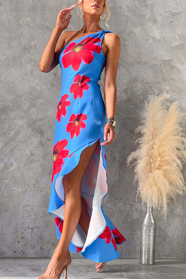 Muse Print One Shoulder Irregular Ruffles Slit Maxi Dress