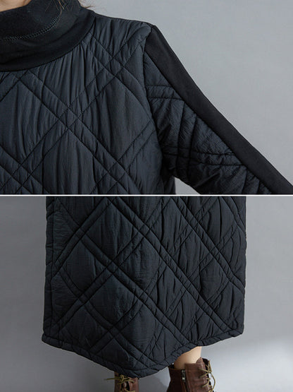 Simple Split-joint High-neck H-line Quilted Midi Dress