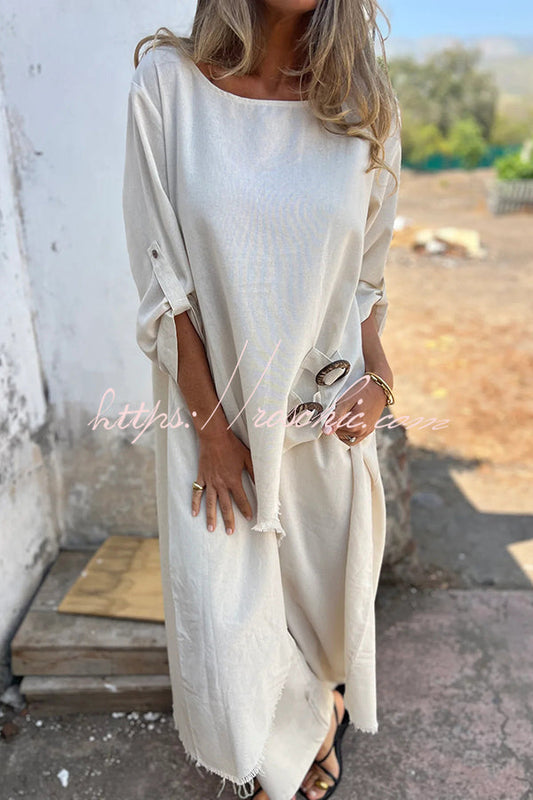 Jamilah Linen Blend Ring Detail Midi Blouse and Elastic Waist Pocketed Loose Pants Set