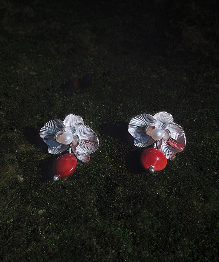 Fine Red Sterling Silver Pearl Red Beans Drop Earrings