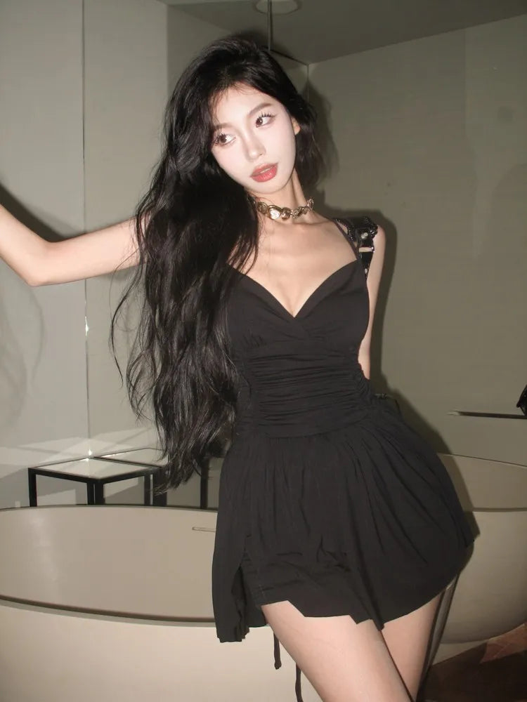 Summer Mini Dress Sleeveless Spaghetti Strap Backless Pleated Split Black Dress Party A-line Dresses Y2k