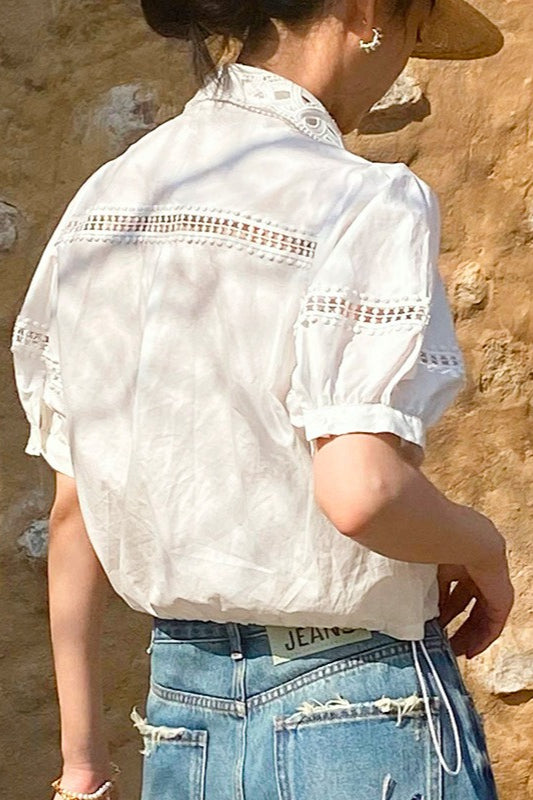 Stripe Lace Puff Sleeve Blouse
