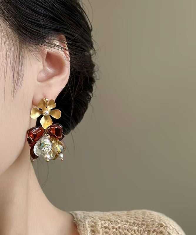 Brown Copper Overgild Zircon Asymmetrical Tassel Drop Earrings