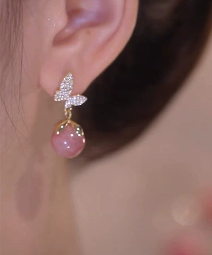 Pink Overgild Zircon Opal Butterfly Drop Earrings