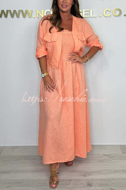 Color Short Jacket and Suspender Pleated Maxi Dress Set