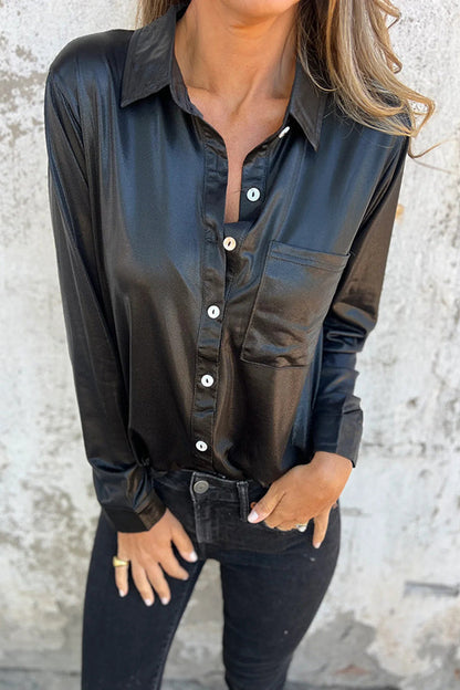 Holiday Look Metallic Loose Pocket Button-down Blouse