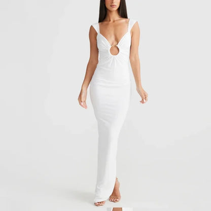 New V-neck Hollow Long Dress High Waist Backless Sleeveless Party Dresses Irregular Slit Evening Dress