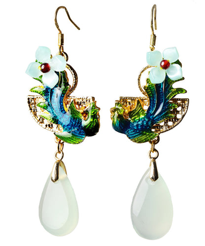 Green Jade Cloisonne Synthetic Flower Gem Stone Drip Drop Earrings