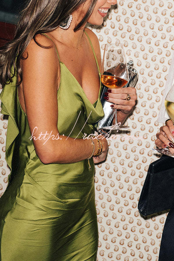Evening Date Satin Cowl Neck Drape Ruffle Backless Bias Cut Party Maxi Dress