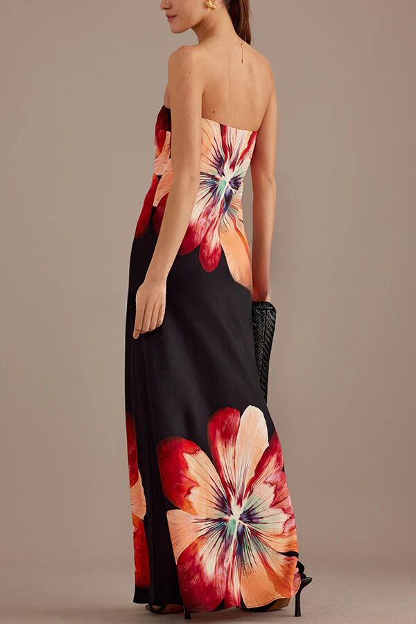 Charming Lady Satin Print Bandeau Loose Maxi Dress