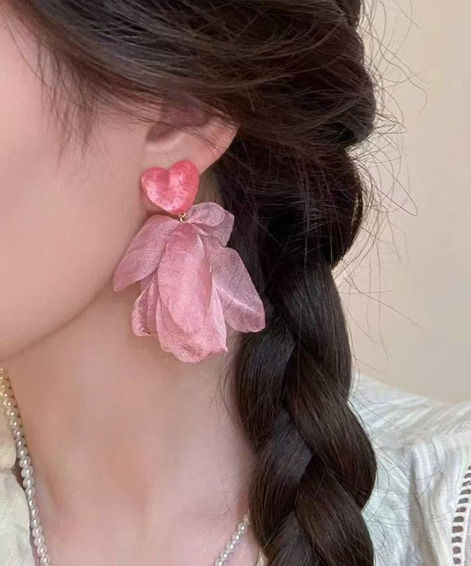 Pink Copper Overgild Acrylic Cloth Flora Stud Earrings