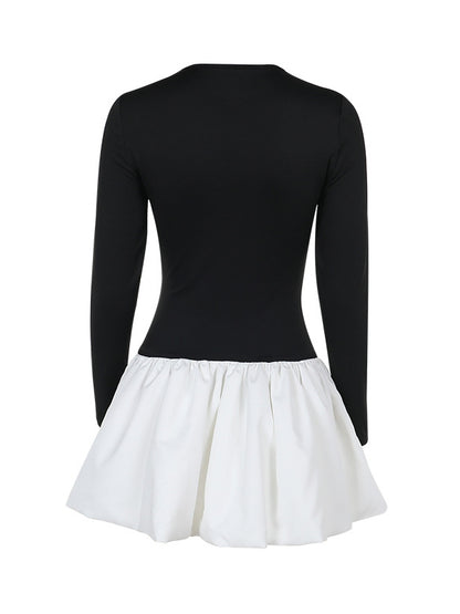 Long Sleeves Skinny Contrast Color Pleated Split-joint Round-neck Mini Dresses