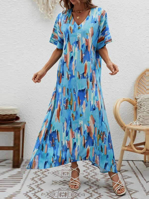 Loose Short Sleeves Contrast Color High-waisted Printed V-neck Maxi Dresses