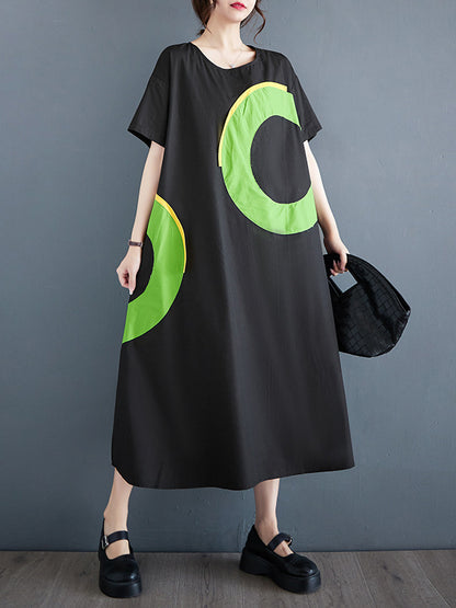 Loose Short Sleeves Contrast Color Pockets Printed Round-neck Midi Dresses