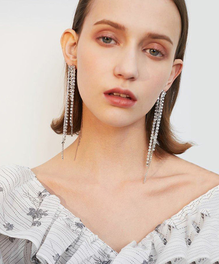 Sparkling Rhinestone Long Tassel Drop Earrings