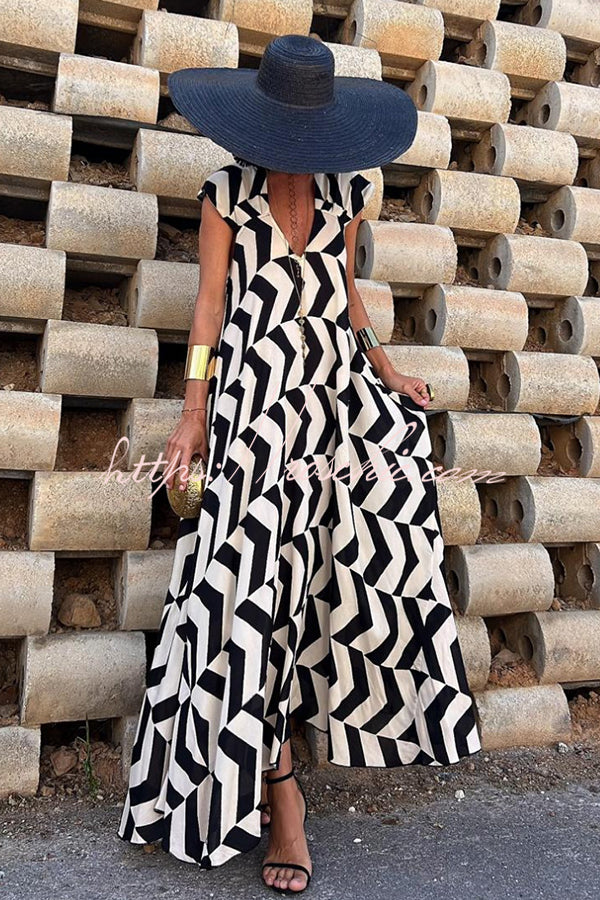 Fresh Breeze Unique Print Ruffle Sleeve A-line Maxi Dress