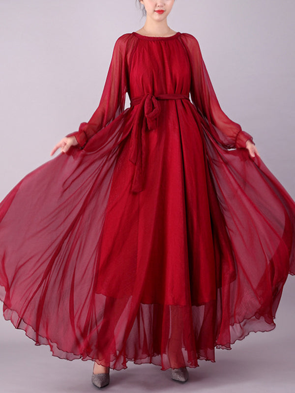 Long Sleeves Loose Falbala Gauze Pleated Color Tied Waist Round-neck Maxi Dresses