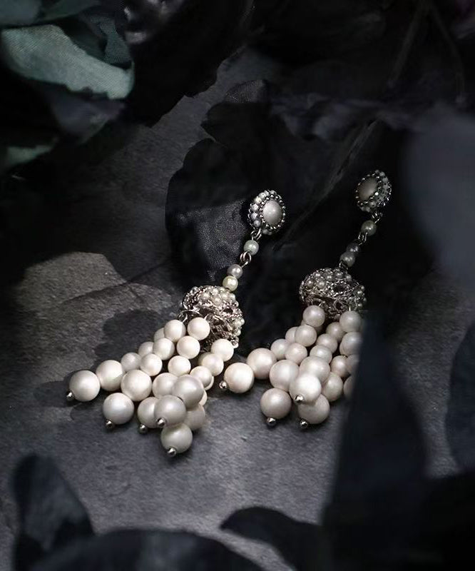 White Sterling Silver Pearl Tassel Drop Earrings