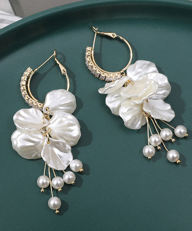 White Alloy Overgild Zircon Pearl Tassel Drop Earrings