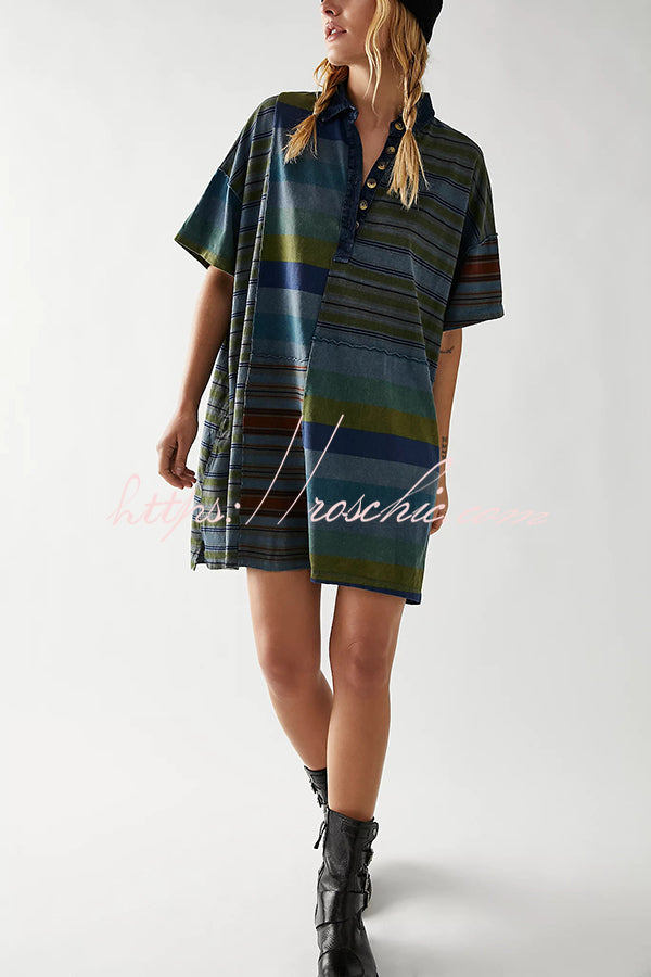 Contrast Striped Patchwork Denim Lapel Loose Mini Dress