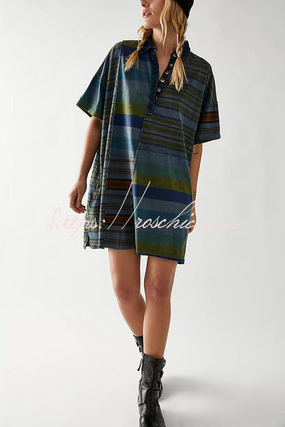 Contrast Striped Patchwork Denim Lapel Loose Mini Dress