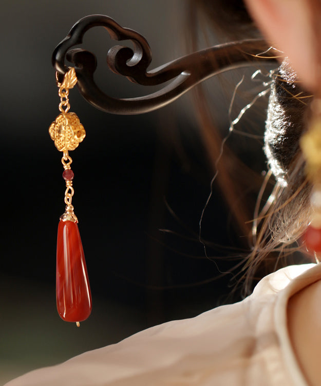 Red Sandalwood Agate Water Drop Hairpin