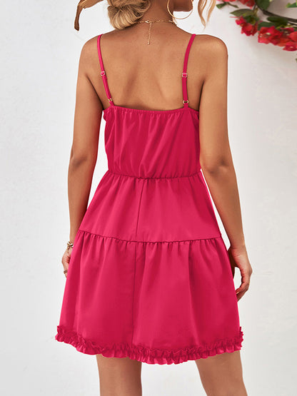 Loose Sleeveless Falbala Color Spaghetti-neck Mini Dresses