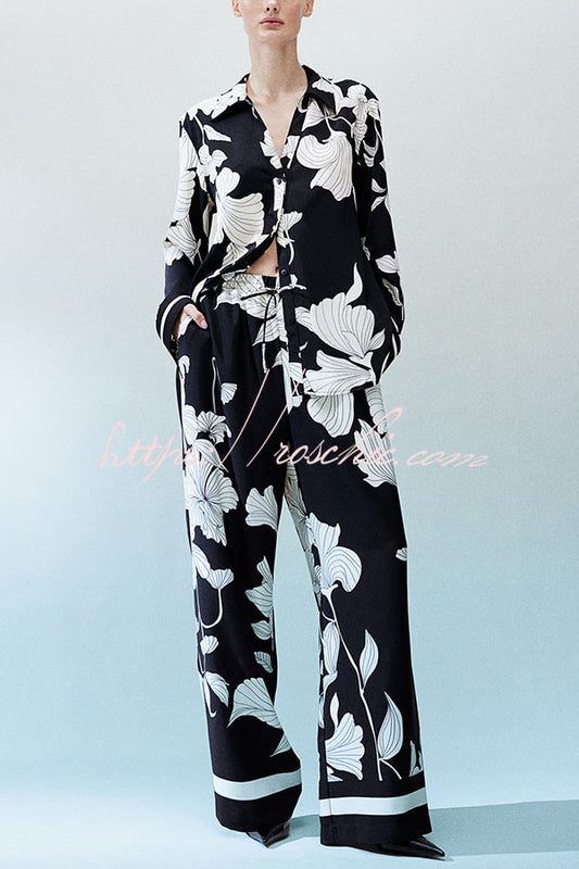 Unique Print Lapel Long Sleeve Loose Shirt and Elastic Waist Pocket Wide Leg Pants Set