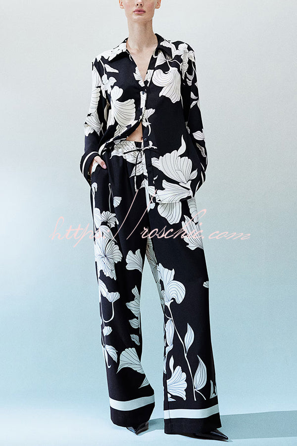 Unique Print Lapel Long Sleeve Loose Shirt and Elastic Waist Pocket Wide Leg Pants Set