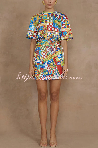 Unique Geometric Print Short Sleeve Off-waist Tie Mini Dress