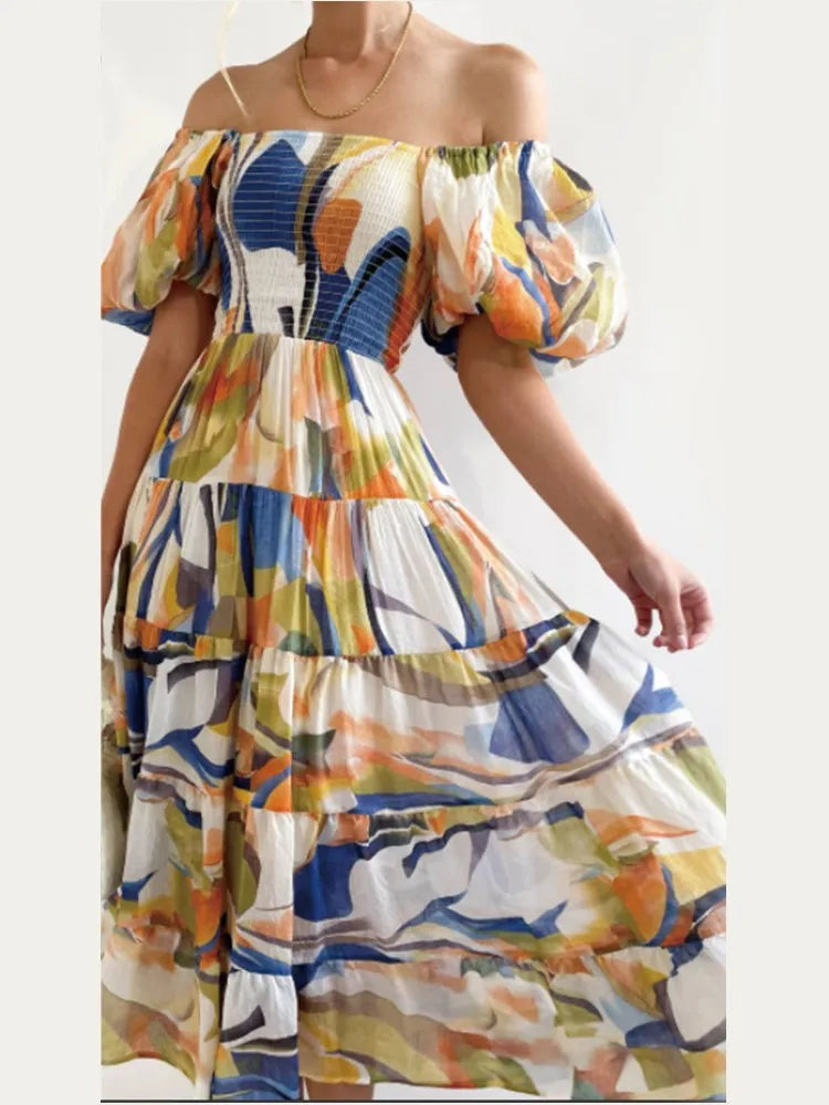 Color Print Off Shoulder Long Dresses Short Sleeves Backless Beach Vacation Style Dress Summer Vestidos