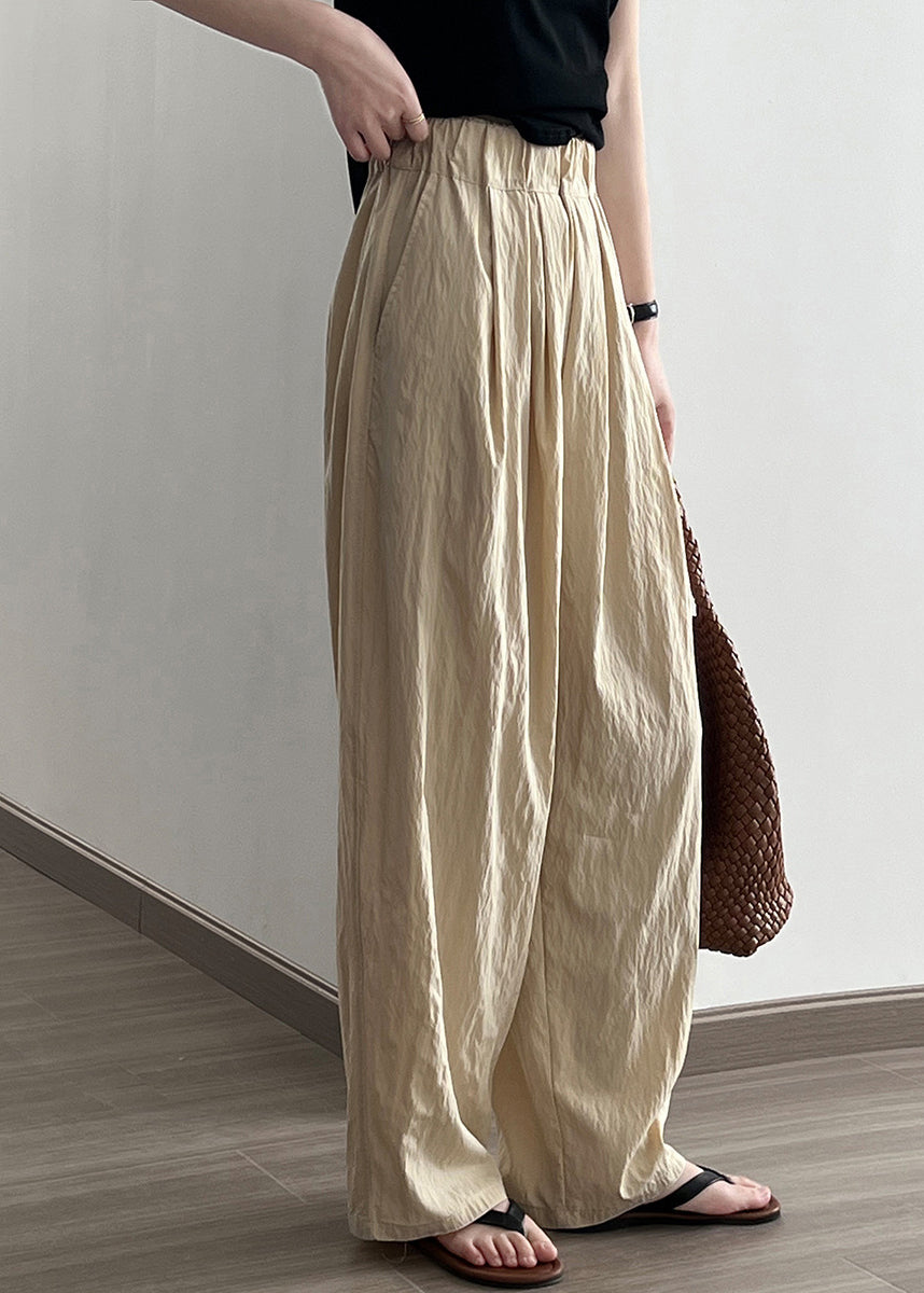 Khaki High Waist Wrinkled Cotton Wide Leg Pants Fall Af104