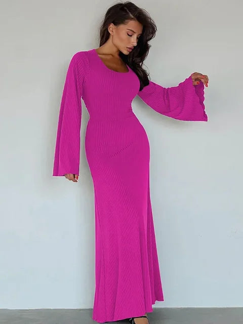 Scoop Neck Lace-up Ribbed Maxi Dress Female Long Sleeve Slim Loose Bandage Dress Autumn Dress New