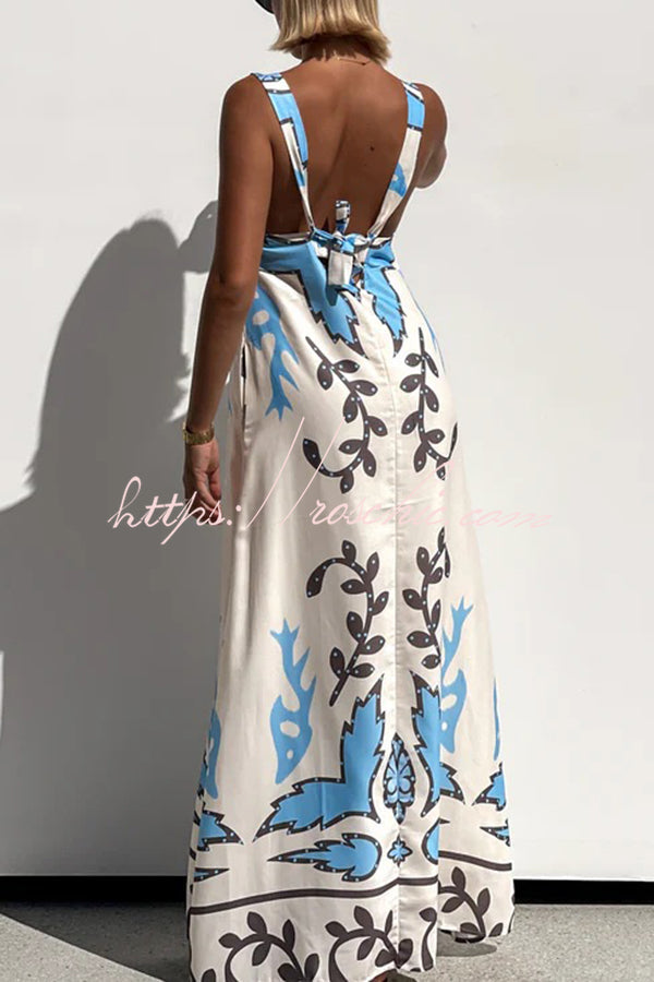 Unique Print Square Neck Open Back Lace-up Loose Maxi Dress