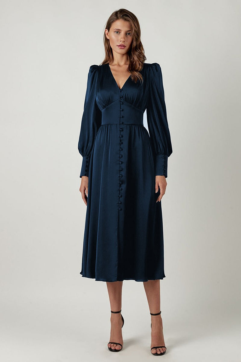 Satin Puff Sleeve Tailored Midi Dress