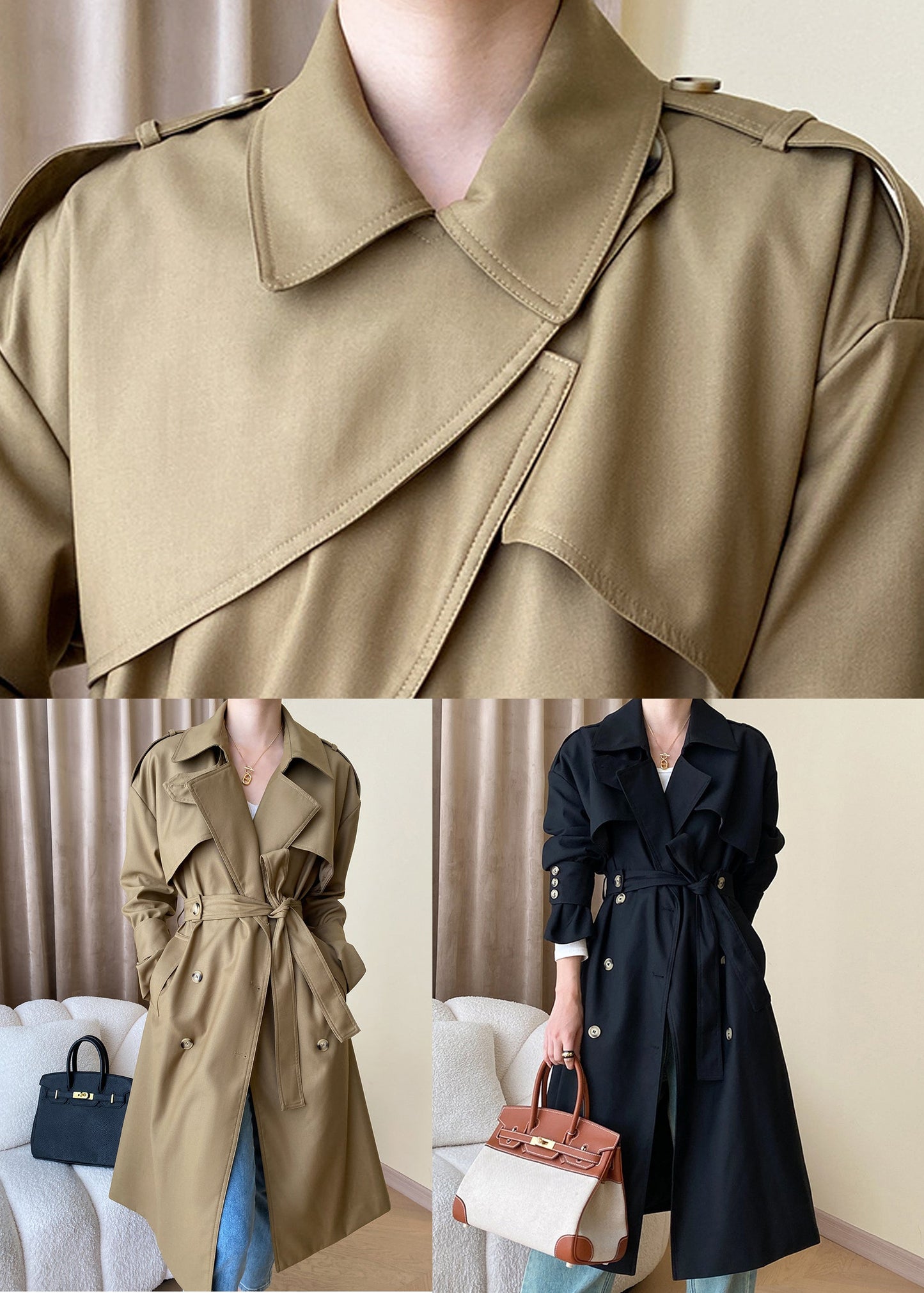 Loose Khaki Pockets Tie Waist Cotton Trench Coat Long Sleeve Af1093