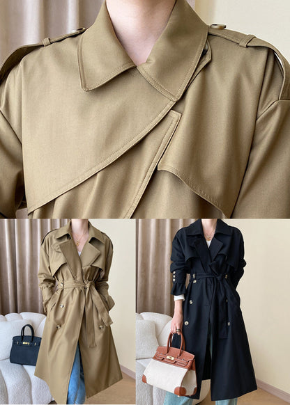 Loose Khaki Pockets Tie Waist Cotton Trench Coat Long Sleeve Af1093