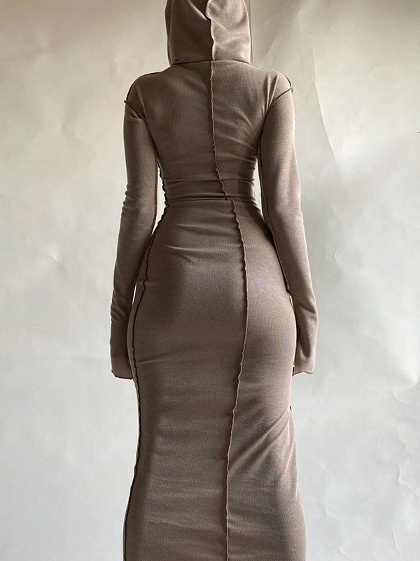 Long Sleeves Color Split-joint Hooded Maxi Dresses