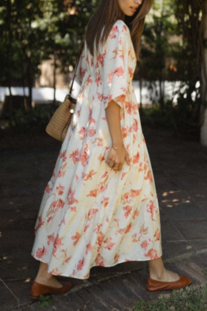 V-neck Loose Printed Long Dress
