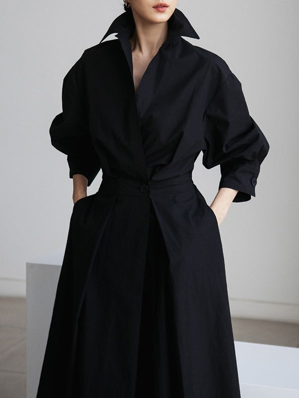 Long Sleeves Loose Pleated Color Split-joint Tied Waist Lapel Midi Dresses Shirt Dress