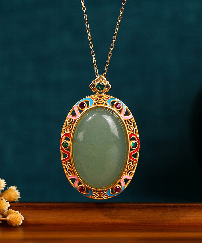 Gold Copper Overgild Jade Enamel Auspicious Clouds Pendant Necklace