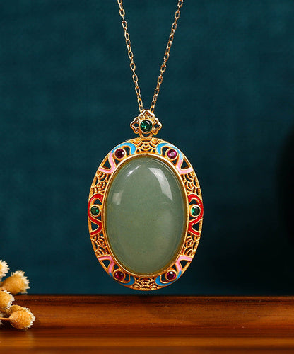 Gold Copper Overgild Jade Enamel Auspicious Clouds Pendant Necklace