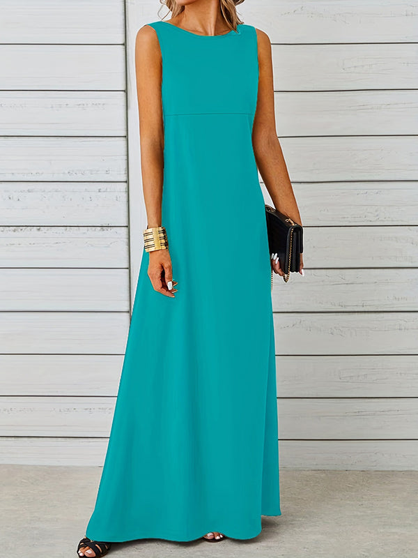 A-line Loose Color Round-neck Maxi Dresses