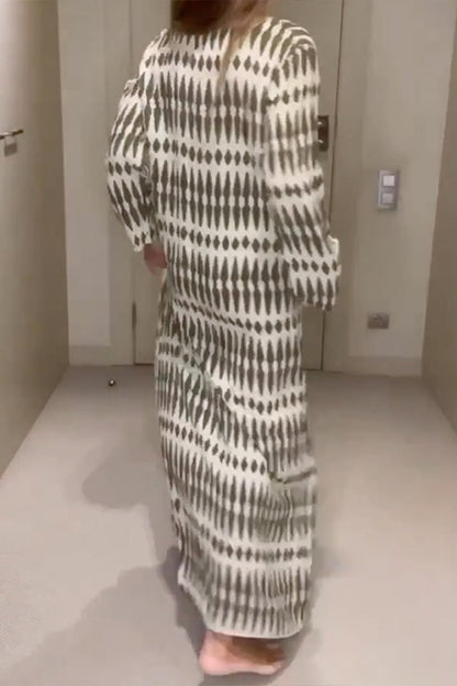 Loose Printed Long Sleeves Loose V-neck Maxi Dresses