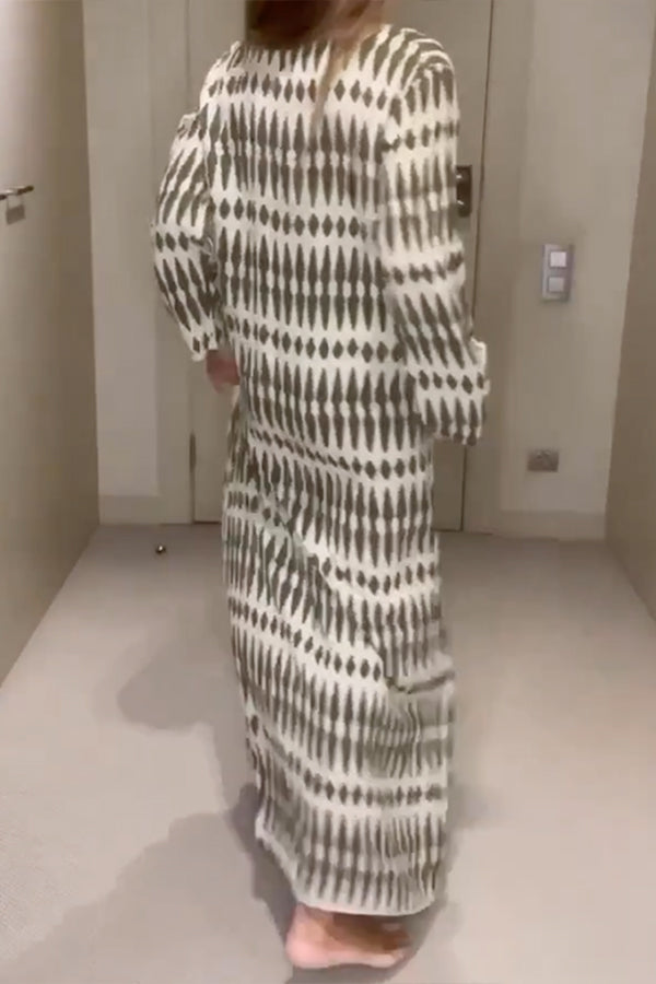Loose Printed Long Sleeves Loose V-neck Maxi Dresses