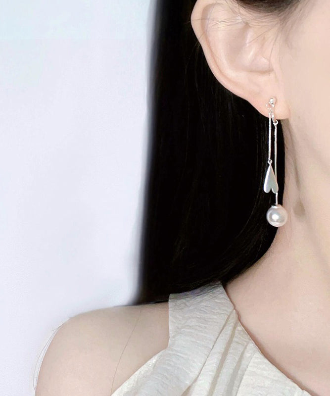 White Alloy Love Pearl Tassel Drop Earrings