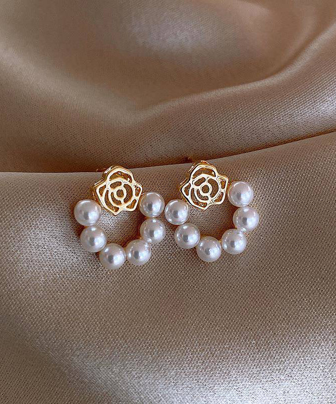 Classy White Copper Overgild Pearl Hollow Out Hoop Earrings