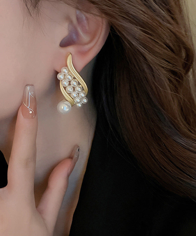 Gold Sterling Silver Alloy Pearl Hoop Earrings