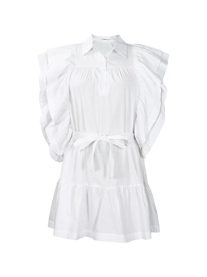 A-line High Waisted Buttoned Pleated Ruffled Color Tied Waist Lapel Mini Dresses